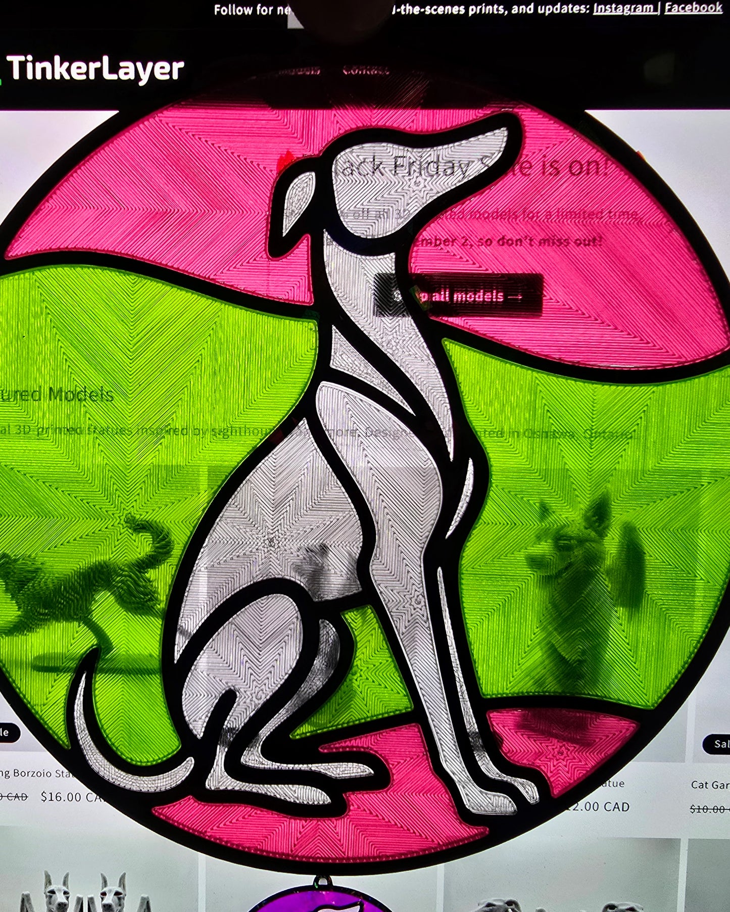 Round whippet stained glass style suncatcher with red and green accents