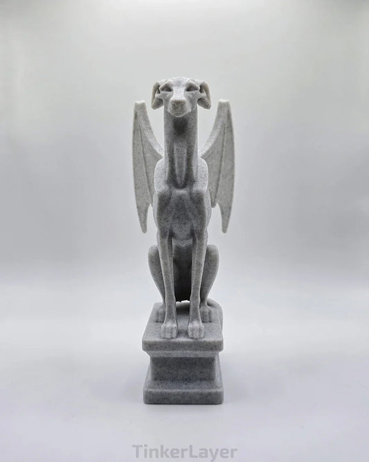 Front view of a gothic Whippet gargoyle statue printed in marble PLA