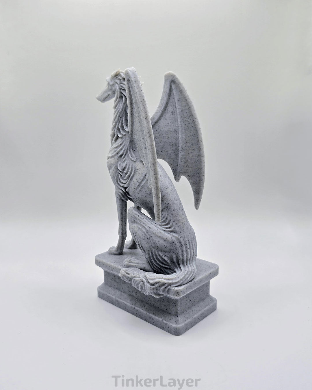 Rear view of a gothic Borzoi gargoyle statue printed in marble PLA
