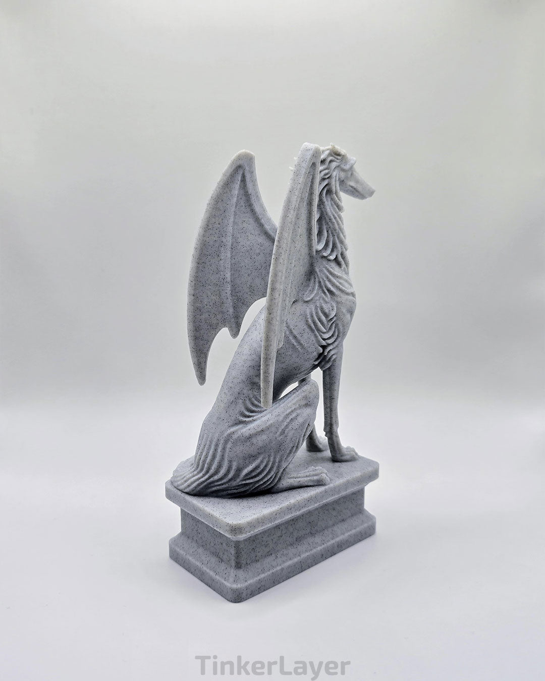 Rear view of a gothic Borzoi gargoyle statue printed in marble PLA