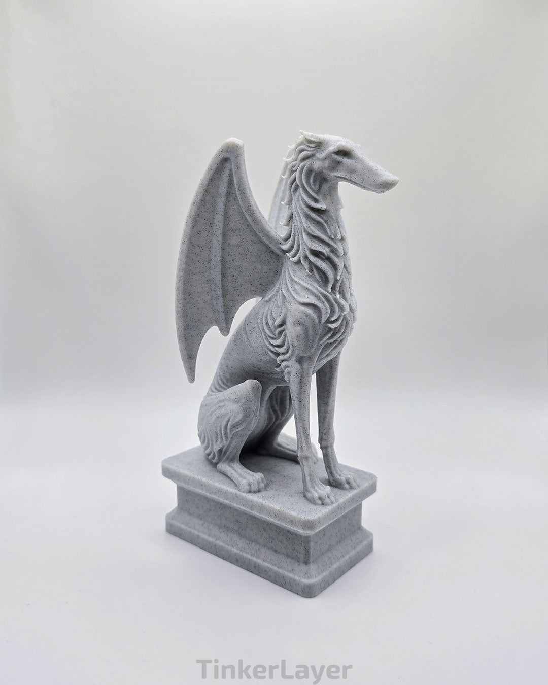 Side view of a gothic Borzoi gargoyle statue printed in marble PLA