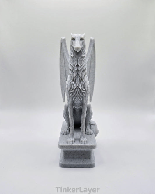 Front view of gothic Borzoi gargoyle statue printed in marble PLA