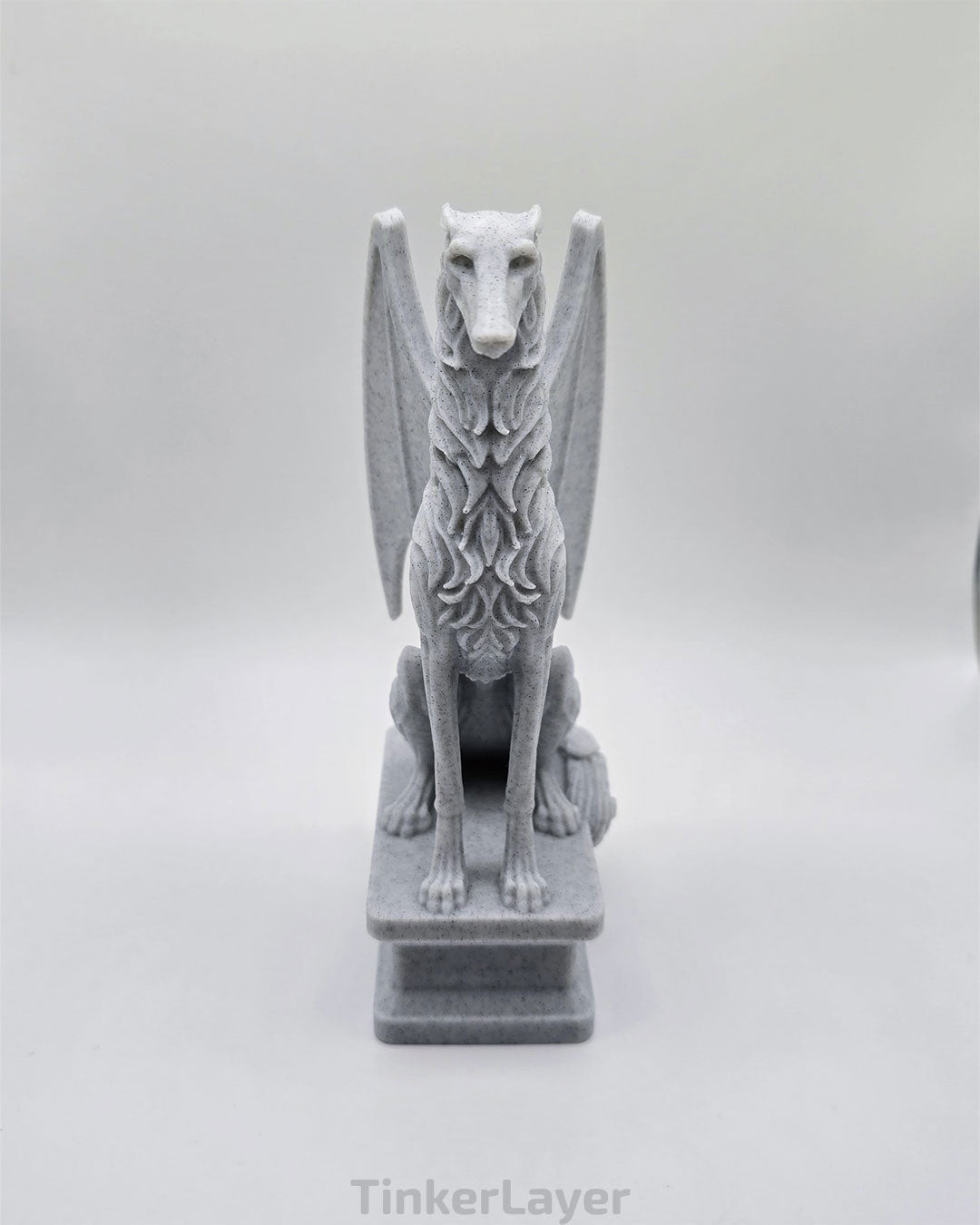 Front view of a gothic Borzoi gargoyle statue printed in marble PLA