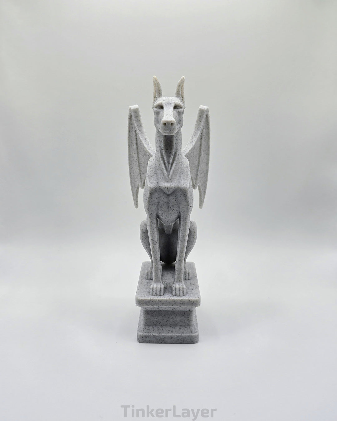 Front view of a gothic Doberman gargoyle statue printed in marble PLA
