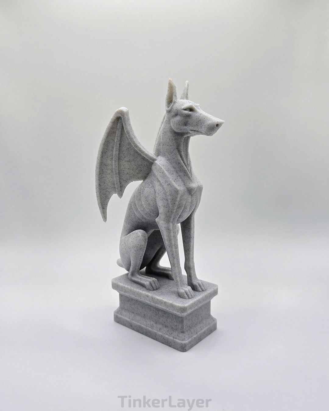 Side view of a gothic Doberman gargoyle statue printed in marble PLA
