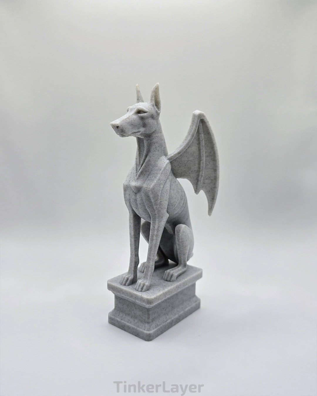 Side view of a gothic Doberman gargoyle statue printed in marble PLA
