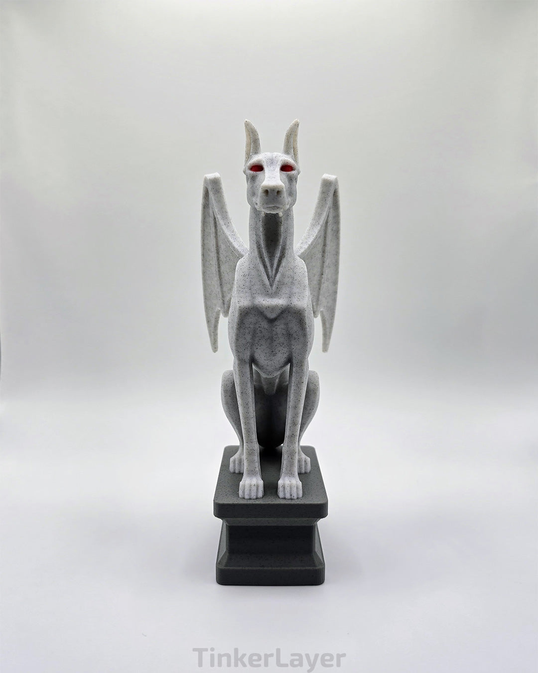 Front view of a gothic Doberman gargoyle statue printed in multicolor PLA