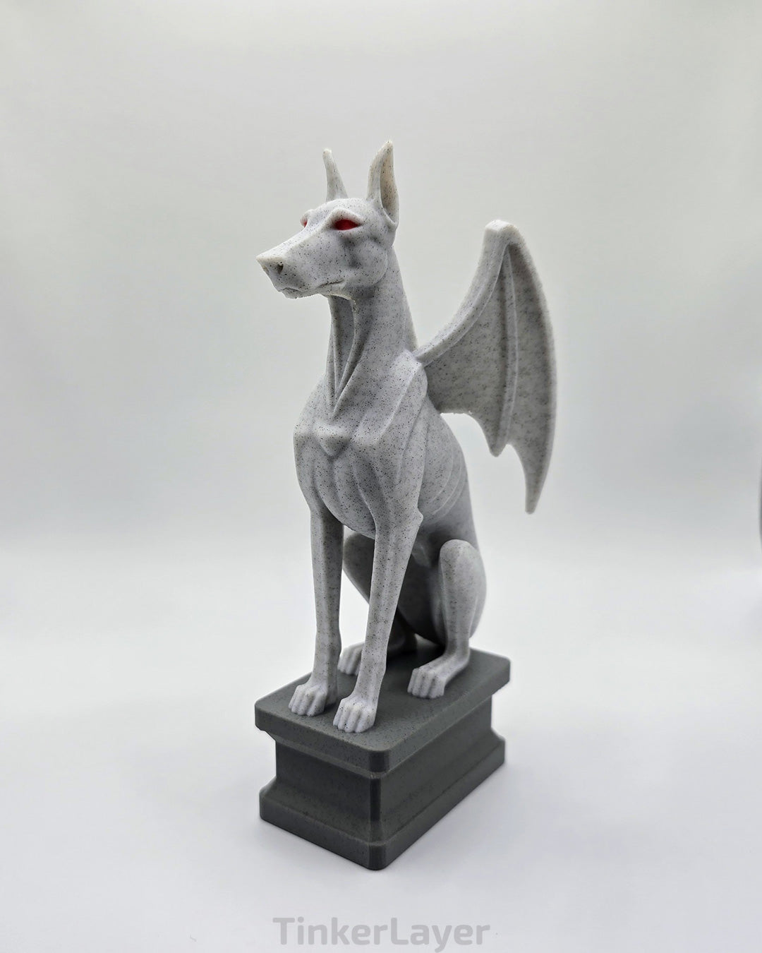 Side view of a gothic Doberman gargoyle statue printed in multicolor PLA