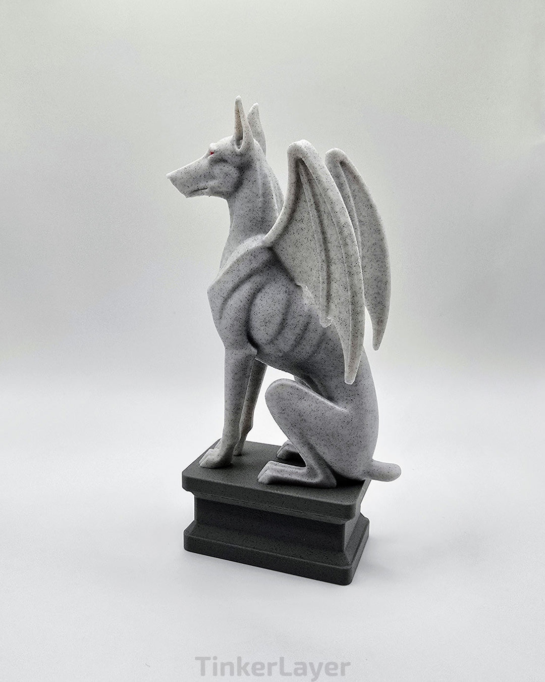 Side view of a gothic Doberman gargoyle statue printed in multicolor PLA