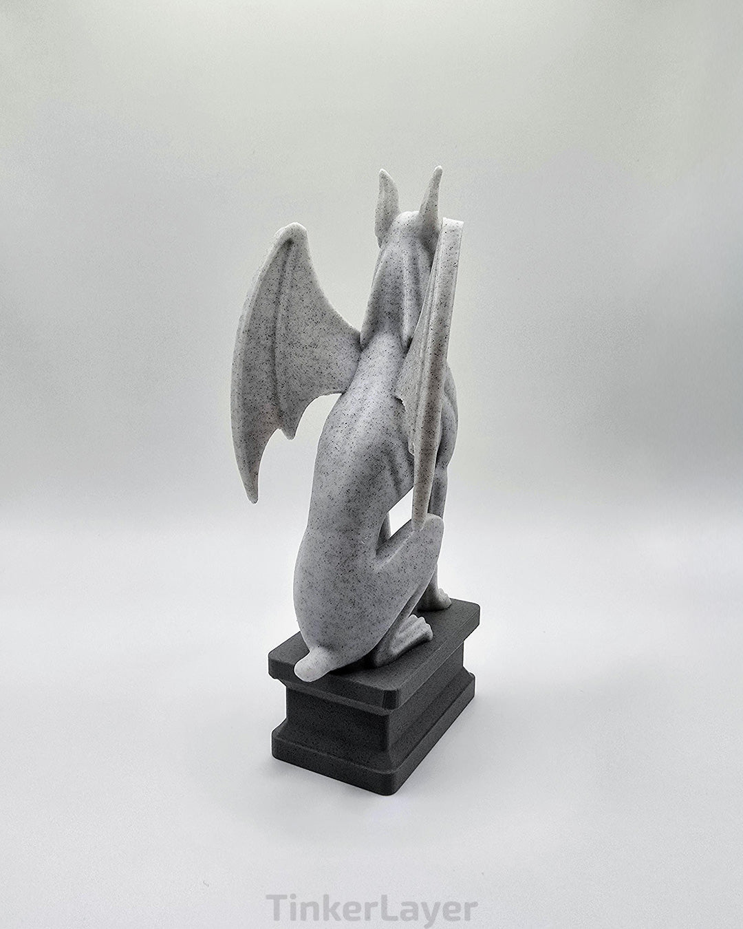 Rear view of a gothic Doberman gargoyle statue printed in multicolor PLA