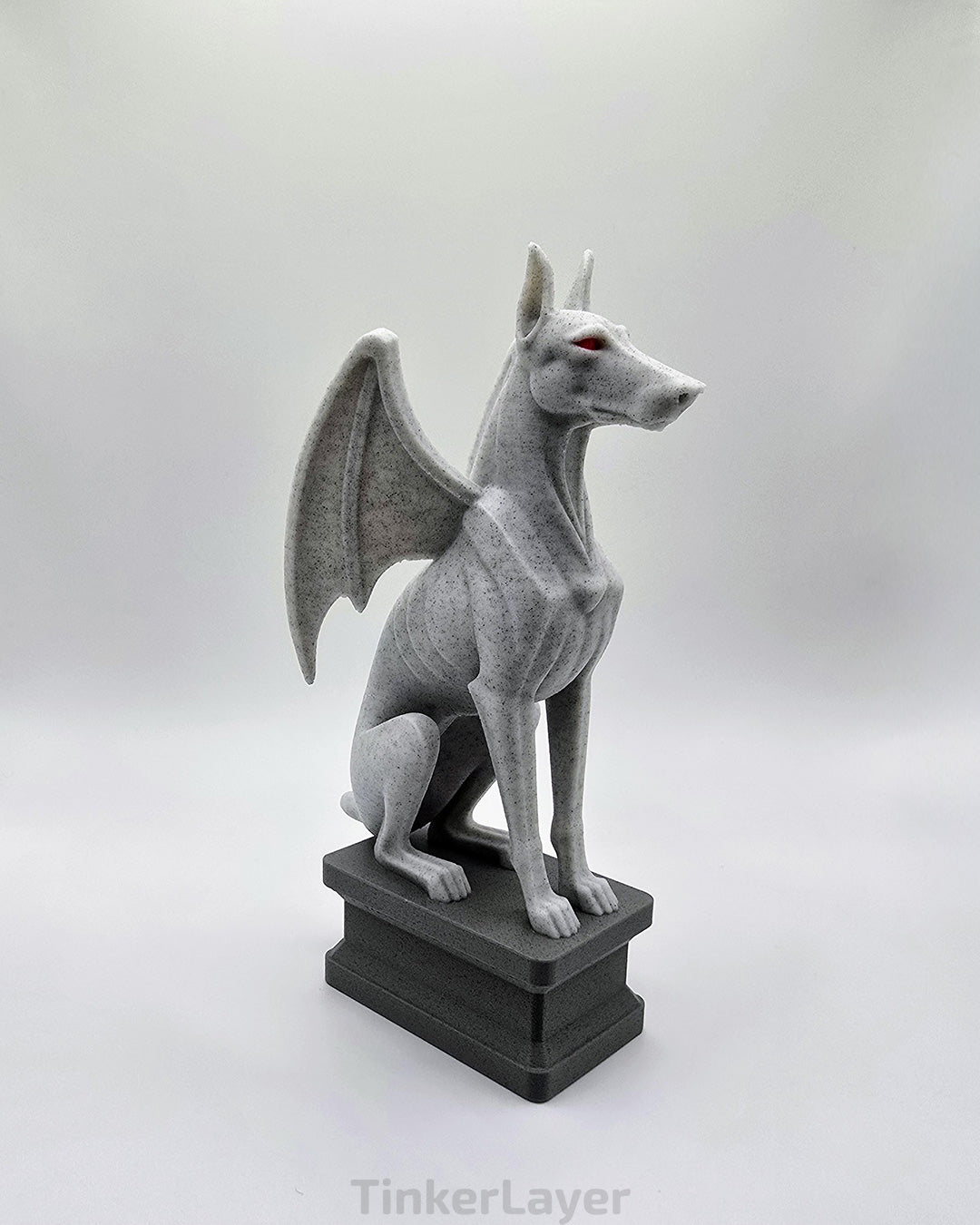 Side view of a gothic Doberman gargoyle statue printed in multicolor PLA