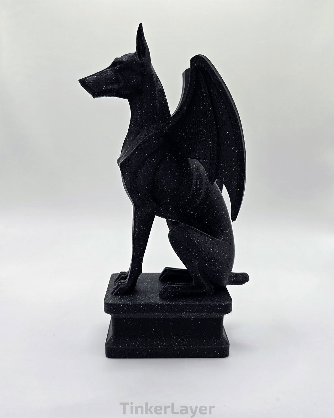 Side view of a gothic Doberman gargoyle statue printed in black and gray shimmer gradient PLA