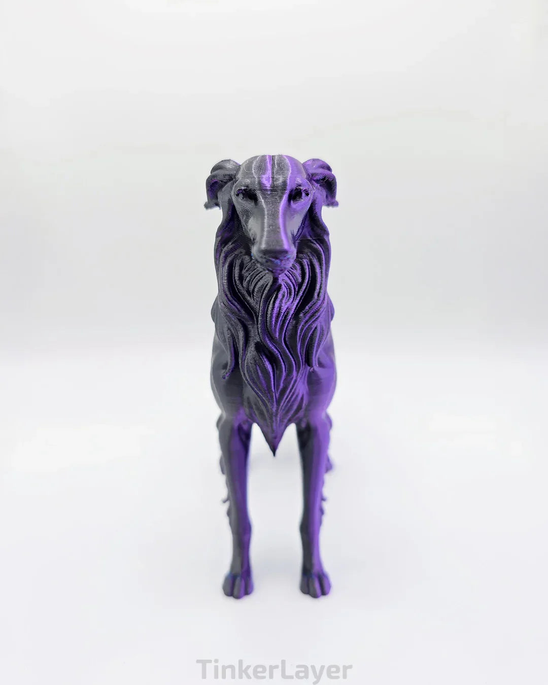 Front view of a standing Silken Windhound printed in silk black and purple gradient PLA