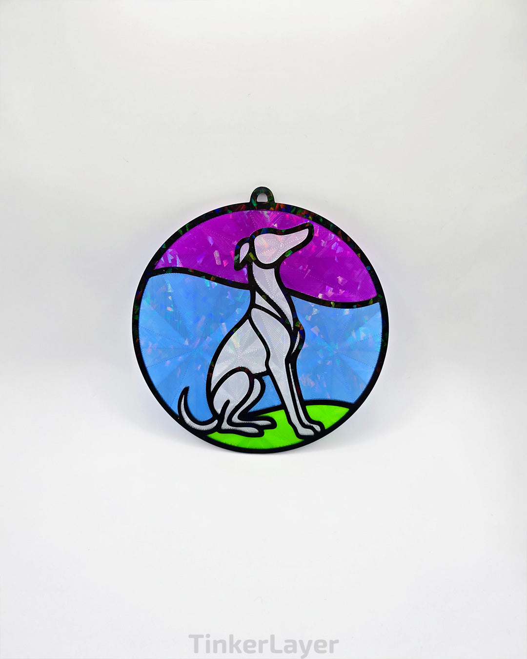 Round whippet stained glass style suncatcher with purple, blue, and green accents