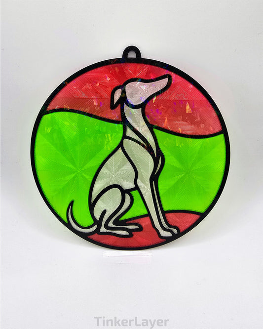 Round whippet stained glass style suncatcher with red and green accents