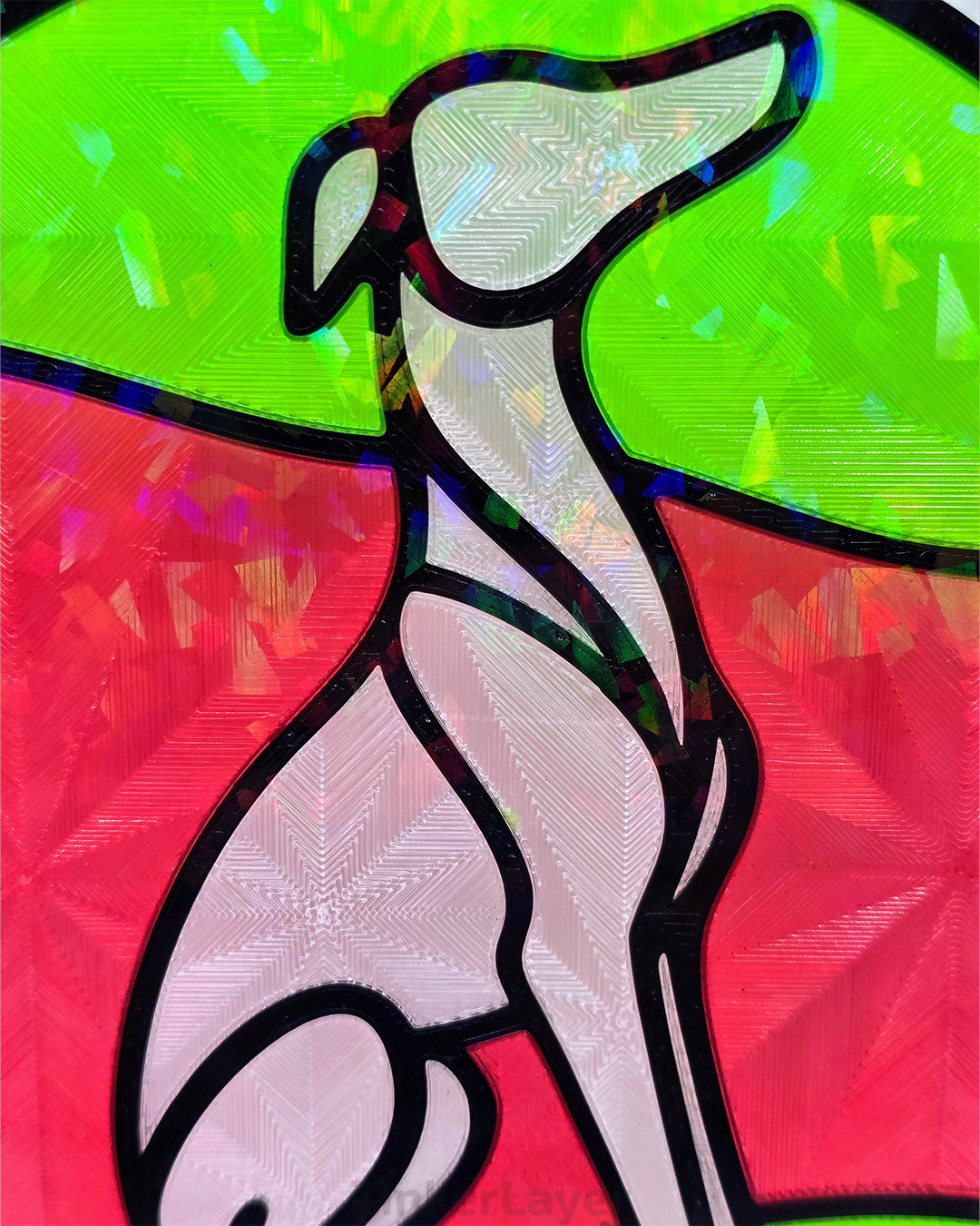 Round whippet stained glass style suncatcher with red and green accents