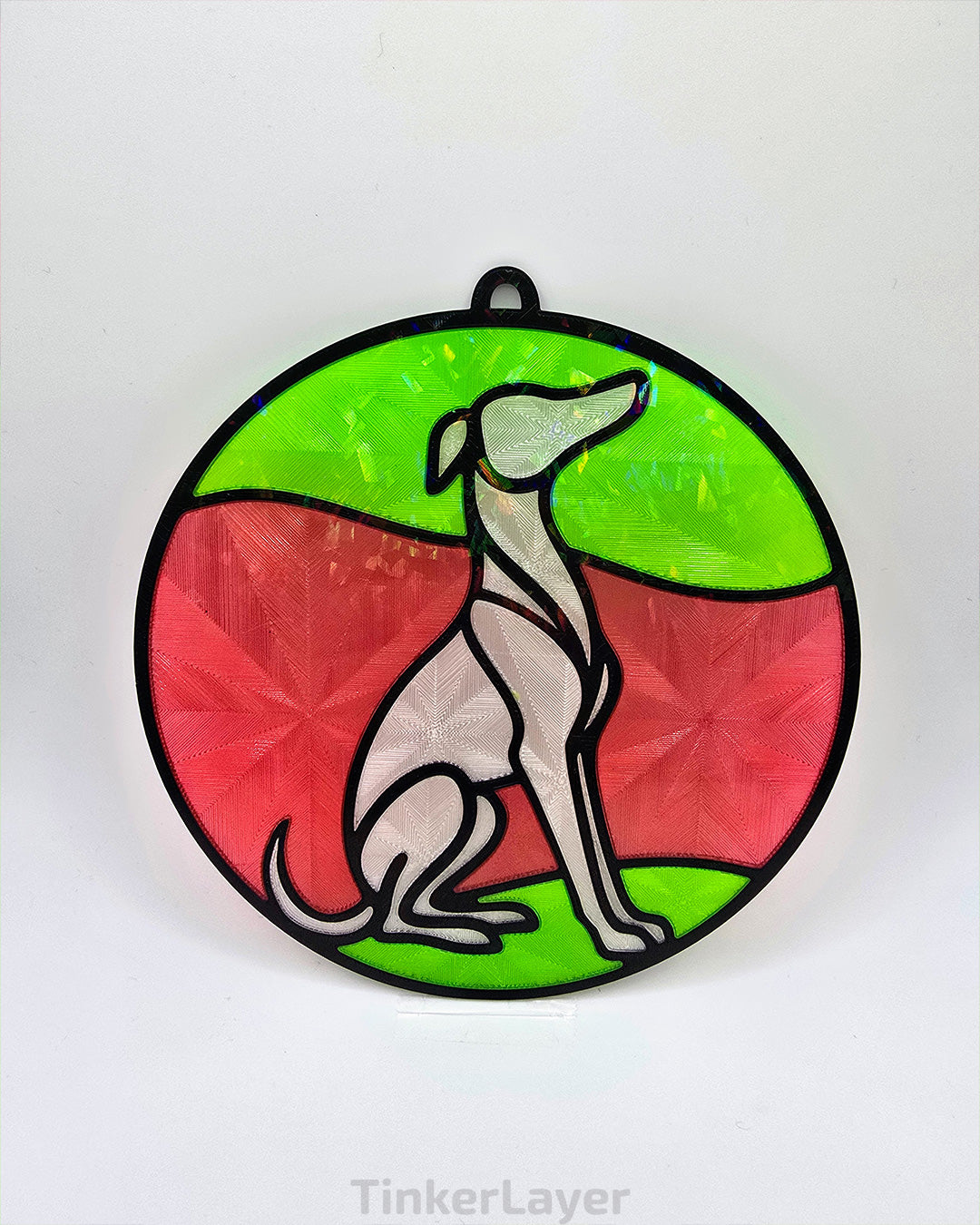 Round whippet stained glass style suncatcher with red and green accents